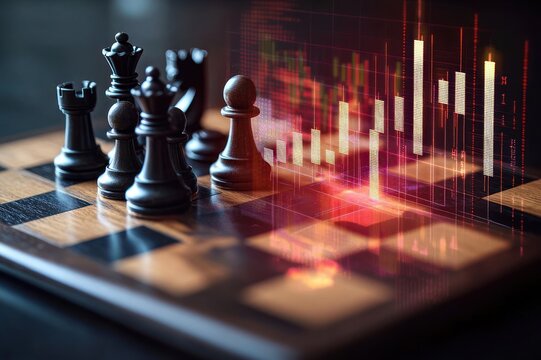 Black chess pieces on a wooden chessboard with glowing red and gold financial candlestick charts overlay, conveying strategic tension and focused decision-making