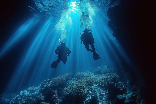 Two scuba divers silhouetted beneath sunlit surface exploring a coral reef through shafts of blue light, evoking awe and serene adventure