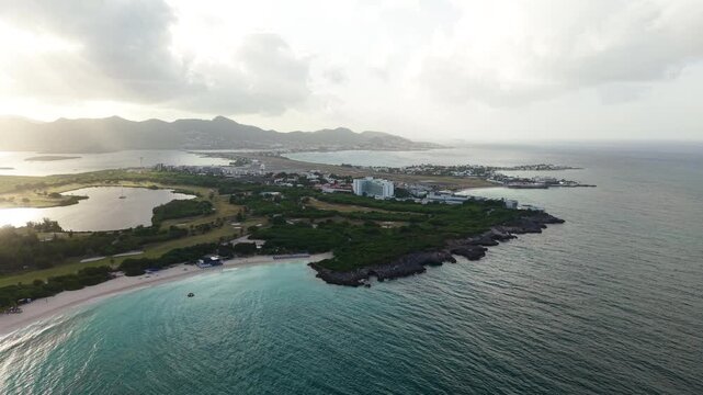 Sint Maarten aka Saint Martin Island, Drone Shot of Simpson Bay, Airport and Beaches on Caribbean Sea at Sunrise
