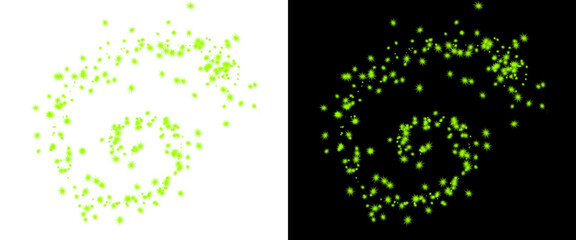 Green glitter spiral dust on white and black background, glowing lime green particle trail, abstract magic sparkle swirl for festive design © Creative Element