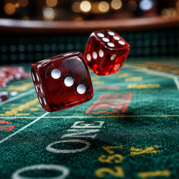 Red casino dice tumbling above green craps table with chips lights and betting layout for gambling risk luck chance nightlife entertainment wagering and dramatic gaming atmosphere scene
