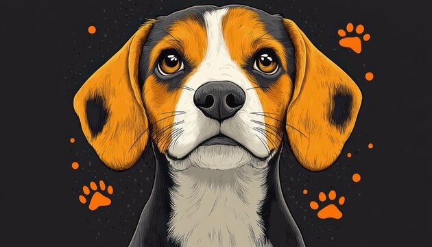 playful dog portrait with floppy orange ears, white chest and black coat, orange paw prints on dark speckled background and a square blurred face, cheerful whimsical mood