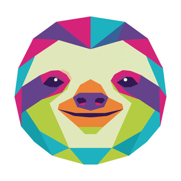 A stylized sloth portrait formed by large geometric triangles in a vibrant cyan, magenta, orange, lime green, and violet palette, isolated on white, modern design concept