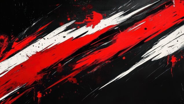 bold diagonal red and white paint streaks and splatters across a black background conveying intense, aggressive energy and dynamic motion