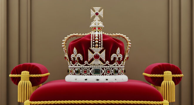 The majestic crown sits atop a luxurious red throne in a grand ceremony setting