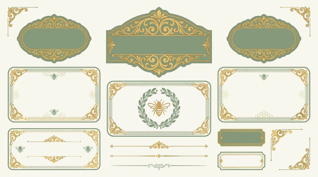 Vintage ornamental frames and labels with bee and laurel wreath
