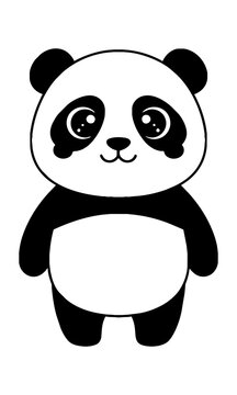 A friendly cartoon giant panda standing upright with large expressive eyes and pink cheek spots, isolated on a white background with a clean flat design. Cute animal character concept