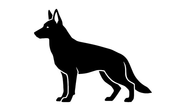 Black silhouette of a German shepherd dog standing in an alert profile pose on a white background, minimalist animal design concept