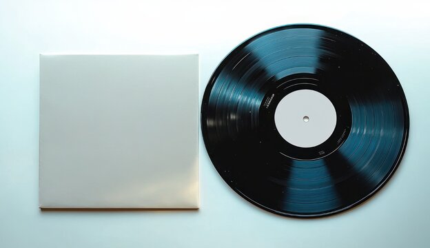minimalist top-down view of a black vinyl record beside a blank white album sleeve evoking nostalgic calm and retro music vibes