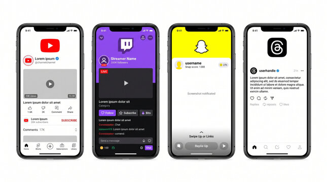 Social media mobile app UI UX interface smartphone screen mockup set featuring YouTube video player, Twitch live streaming, Snapchat story, and Threads profile layout template for device design.