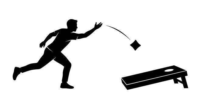 Silhouette of a man playing cornhole game