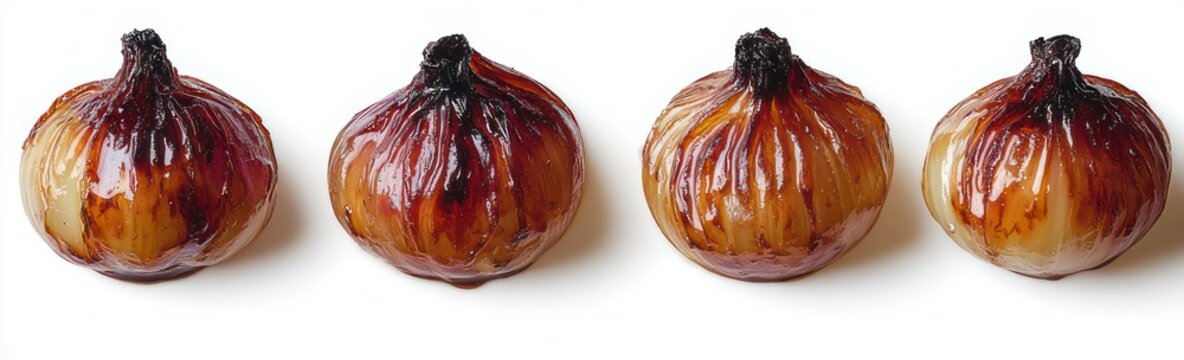 Four glossy caramelized roasted onions with charred tops in a neat row on white background, warm and appetizing