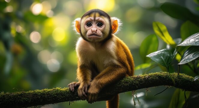 small golden-furred monkey perched on a mossy branch in a sunlit green forest with a square blurred face, calm curious expression
