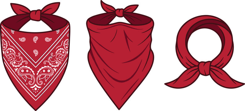 Red cowboy bandana vector set with paisley pattern neck scarf tied handkerchief and biker face mask illustrations for western fashion accessory elements