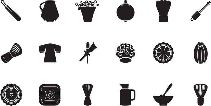 Black and white icons of various household objects and tools.