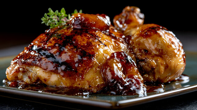 Sticky glazed roasted chicken thigh with crispy skin and caramelized barbecue sauce on a black plate close up
