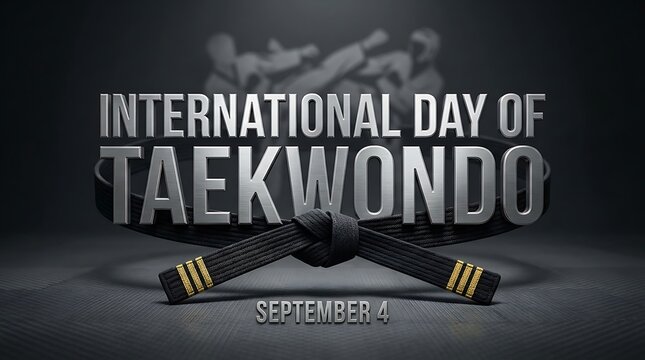 International Day of Taekwondo celebration poster with crossed belts on dark background