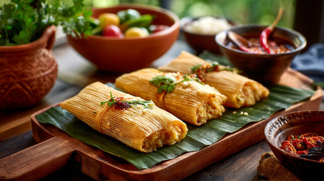 Traditional mexican tamales served on banana leaf on wooden board with homemade