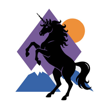 Solid black silhouette of a majestic unicorn standing in a proud pose with a flowing mane and tail isolated on a white background minimal design concept