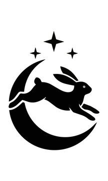 Minimalist black silhouette icon of a leaping rabbit inside a crescent moon with small stars isolated on a white background, simple geometric nature concept