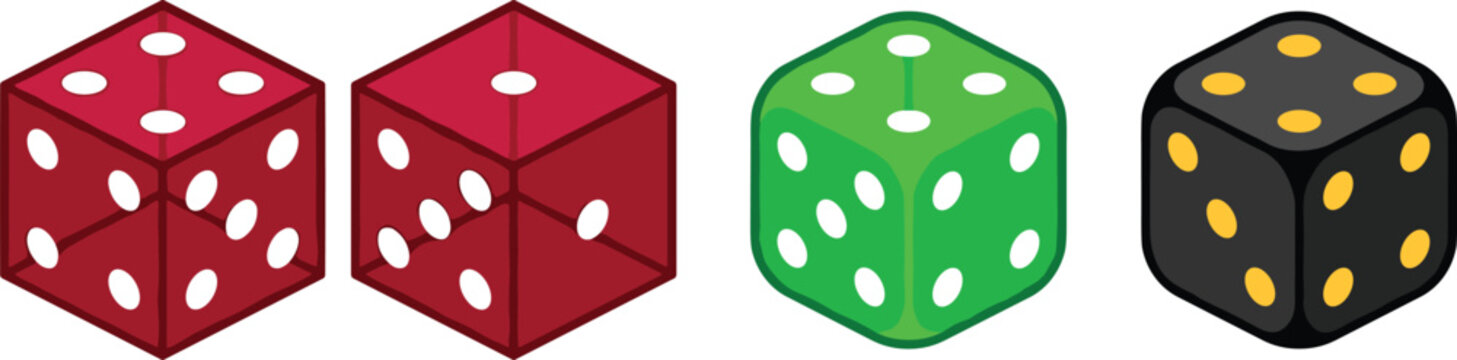 Colorful casino dice vector set with translucent red green and black 3d rolling cubes for gambling board games and luck concept illustrations