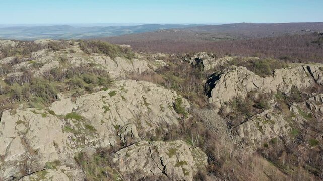 Urals in spring: Irendyk ridge, Mount Karatashmas. Aerial view.