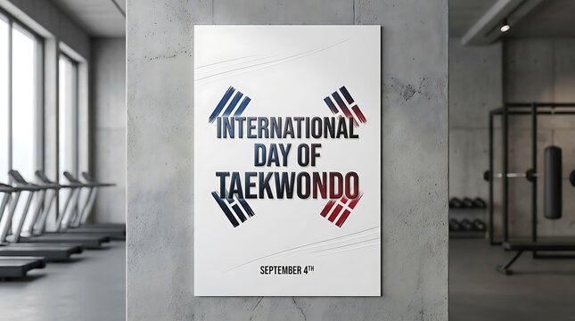 International Day of Taekwondo poster in a modern gym with equipment