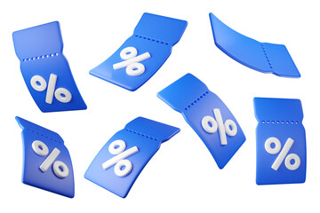 Flying 3d blue discount tags with percent signs, isolated on background. Coupon label for promotion, sales, banners. 3d render   © Hannet