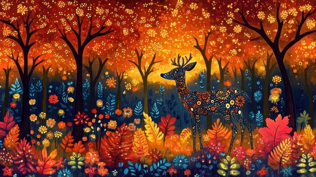 ornate patterned deer standing in a vibrant autumn forest of glowing orange trees and abundant colorful flowers and leaves, whimsical and peaceful