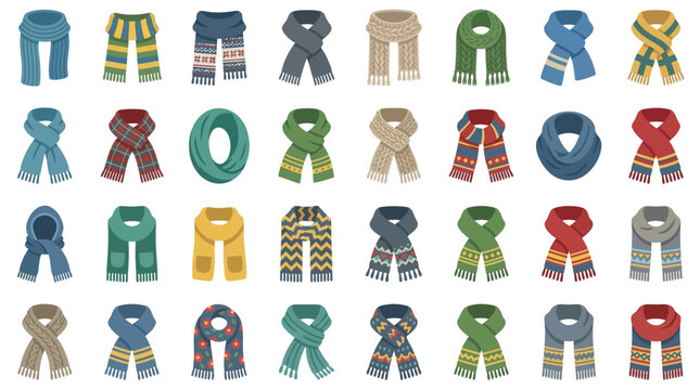 Winter scarf vector illustration set of colorful knitted woolen scarves