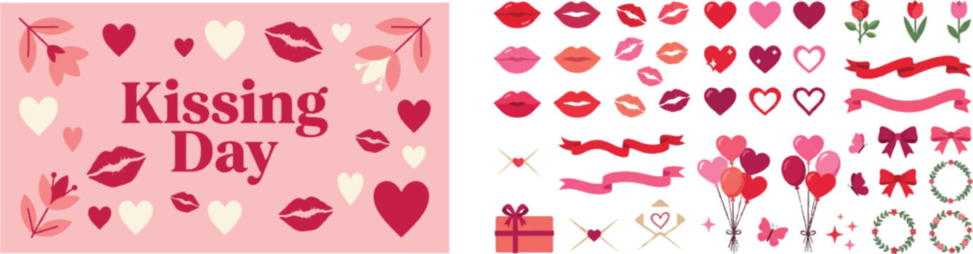 Collage of Valentine's Day elements: kissing lips, hearts, gifts, and decorations on pink background.
