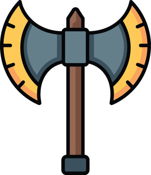 Flat of a double-sided battle axe with a brown wooden handle, grey metal head, and yellow sharpened curved edges