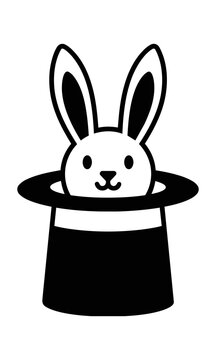 Minimalist black and white icon of a stylized rabbit head emerging from a magician's hat, with clean monoline contours and a playful silhouette. Magic and mystery concept
