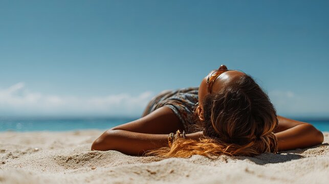 Beautiful young woman wearing sunglasses relaxing on golden sand under bright sunny sky during a peaceful summer beach vacation day