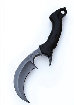 sleek black-handled karambit knife with curved razor steel blade, textured grip, finger ring and serrated spine conveying aggressive tactical design