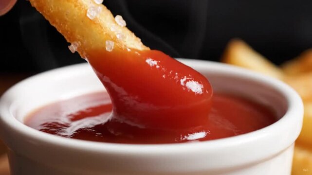 Crispy golden french fry dipped into a thick red tomato ketchup sauce inside a white ceramic bowl captured in high quality slow motion video footage for a professional culinary advertisement.