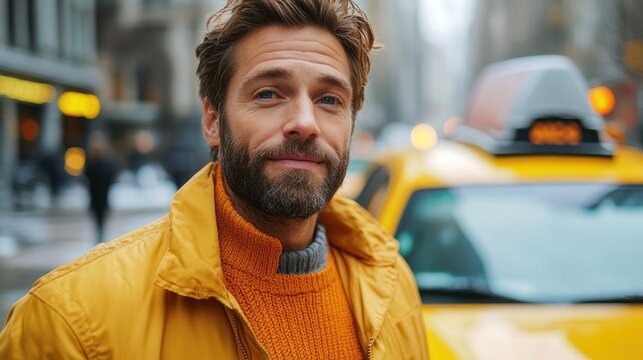 young man in yellow jacket and orange knit sweater standing by a yellow taxi on a city street, contemplative urban moment