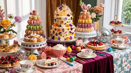 Fototapeta premium Colorful maximalist dessert table with floral cake, macarons, tea cups, and berries by window