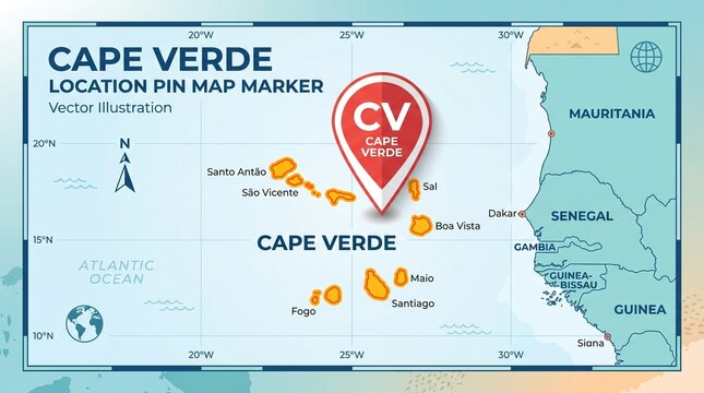 "Vector map with Cape Verde islands and location pin, symbolizing geography, identity, and global connection&hellip;"