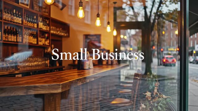 Cozy Small Business Interior with Warm Lighting and Wooden Bar Counter ideal for entrepreneurship and local commerce marketing.