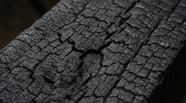 Close up of charred wood texture with deep cracks and rough surface.