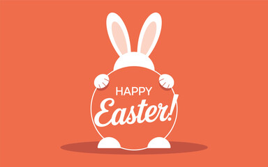 Obraz premium A white Easter bunny holds a sign with 'HAPPY Easter!' in a vibrant orange scene.