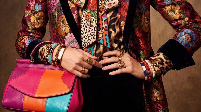 Maximalist fashion portrait with floral velvet jacket layered jewelry and colorful handbag