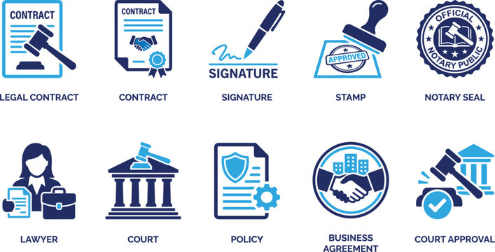 legal contract signature stamp notary seal lawyer court policy business agreement court approval vector icon set.