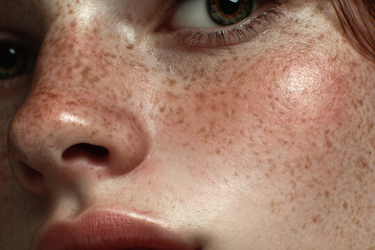 Youthful female with freckles in studio light during daytime close-up