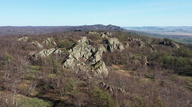Urals in spring: Irendyk ridge, Mount Karatashmas. Aerial view.