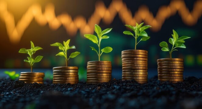 Five stacks of coins with green seedlings growing from soil and a glowing upward financial chart in the blurred background, conveying hopeful growth and prosperity
