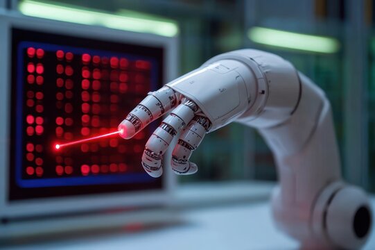 articulated robotic hand emitting a red laser from fingertip toward a glowing grid screen, clinical precision and futuristic focus