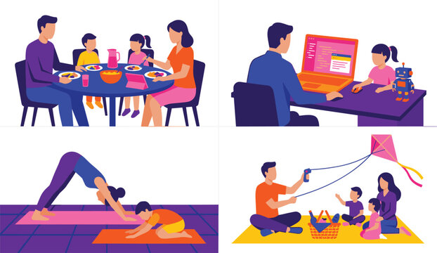 Family daily life and healthy lifestyle scenes set with parents dining coding yoga exercise and picnic outdoors flat vector illustration