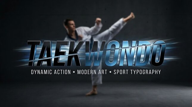 Athlete performing a high kick in taekwondo action with dynamic typography background
